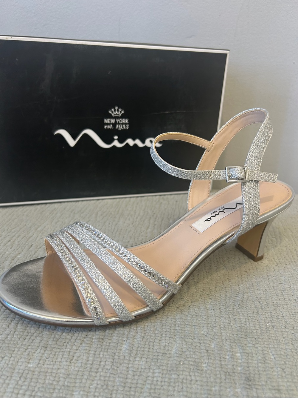 Nina Silver Glitter Strappy Mid-Heel Sandals with Ankle Buckle